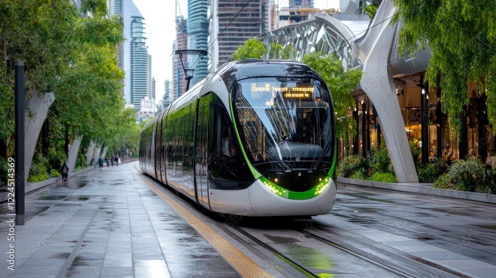 Naklejka premium Modern tram on city street, skyscrapers background, urban transport