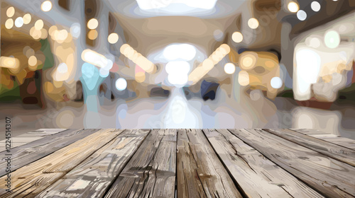 Blurred Shopping Mall Background with Rustic Wooden Table in Foreground