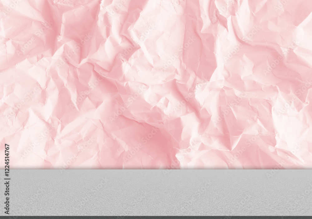 Fototapeta premium Pink paper crumpled wall floor studio shadow kitchen podium table product backdrop room pattern gradient light mockup cosmetic abstract color pastel texture scene summer loft scene template.