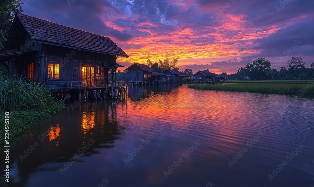 Obraz premium Sunset over water, illuminated houses on stilts.