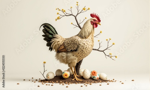 Speckled Rooster, Decorated Eggs, and Flowering Branch photo