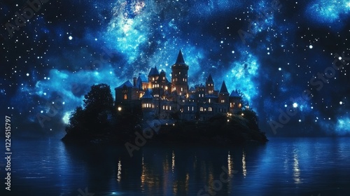Island castle illuminated by dazzling auroras and a cascade of stars in a magical night scene