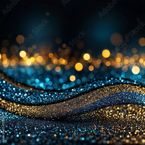 The image features a gradient background transitioning from a warm orange to a cool blue, with a wave of sparkling lights in the foreground. The lights appear to be floating and create a dynamic 3