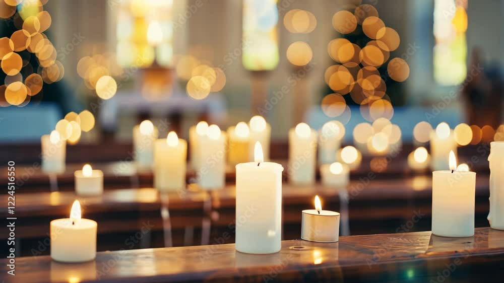 Candlelight Reflection: Rows of burning candles cast a warm, ethereal glow upon a wooden pew, their flickering flames reflecting the soft, out-of-focus light from a church sanctuary.