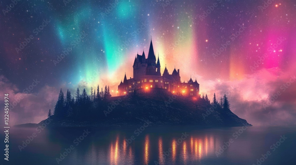 Naklejka premium Island castle radiating magic, surrounded by colorful auroras and glowing stars in the sky