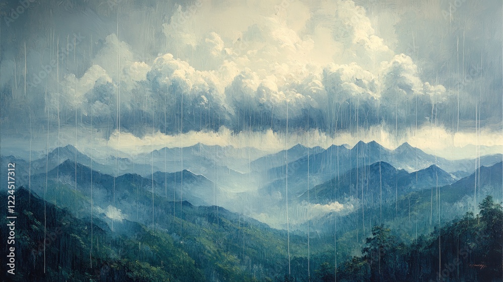 Obraz premium Rainy day, misty mountains, painted landscape.