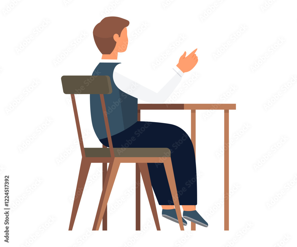 Fototapeta premium A person with short brown hair is sitting at a wooden desk, pointing forward with their right hand. Ideal for education, office work, remote learning, work from home, student activities. Simple flat
