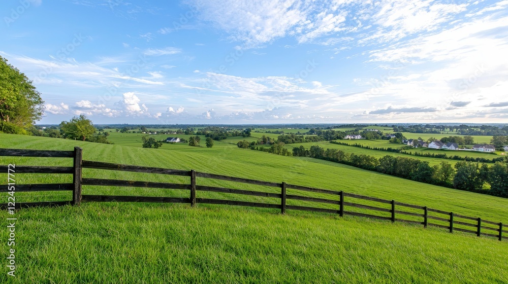 Rolling green hills, farmhouses, fence, summer sky. Ideal for real estate, travel brochures Rolling green hills, farmhouses, fence, summer sky. Ideal for real estate, travel brochures