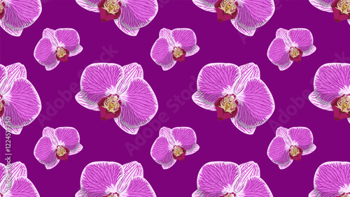 Vector seamless pattern of beautiful Orchid flower blooming. Suitable for background, wrapping, fabric texture pattern. Purple flower pattern