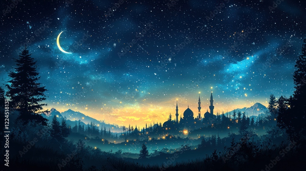 Naklejka premium Mystical City Under a Starlit Crescent Moon