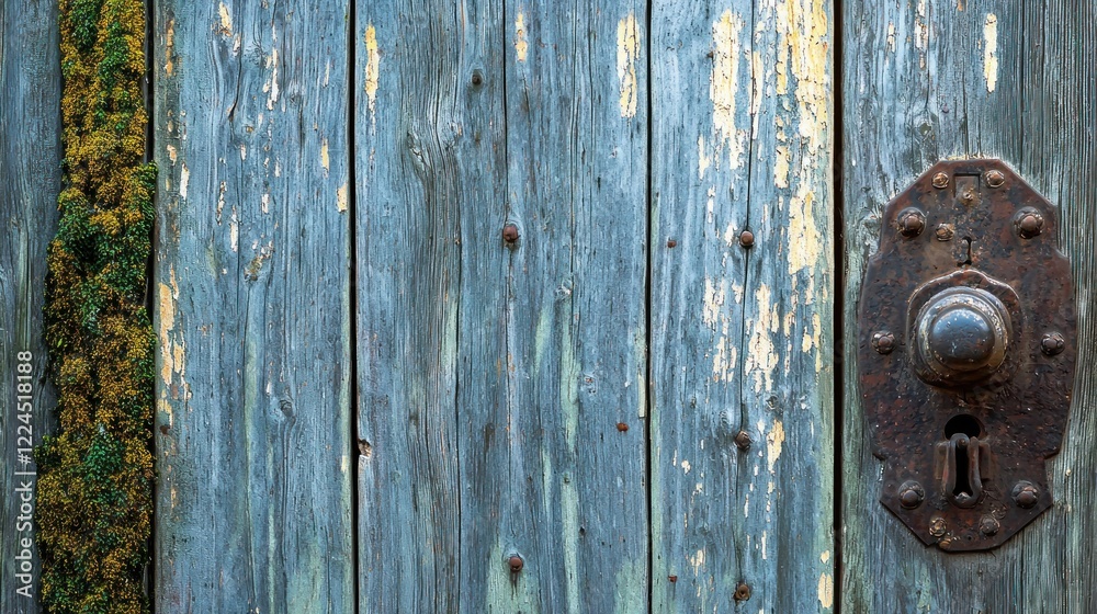 Weathered blue door, old lock, moss, rustic texture, background, design Weathered blue door, old lock, moss, rustic texture, background, design