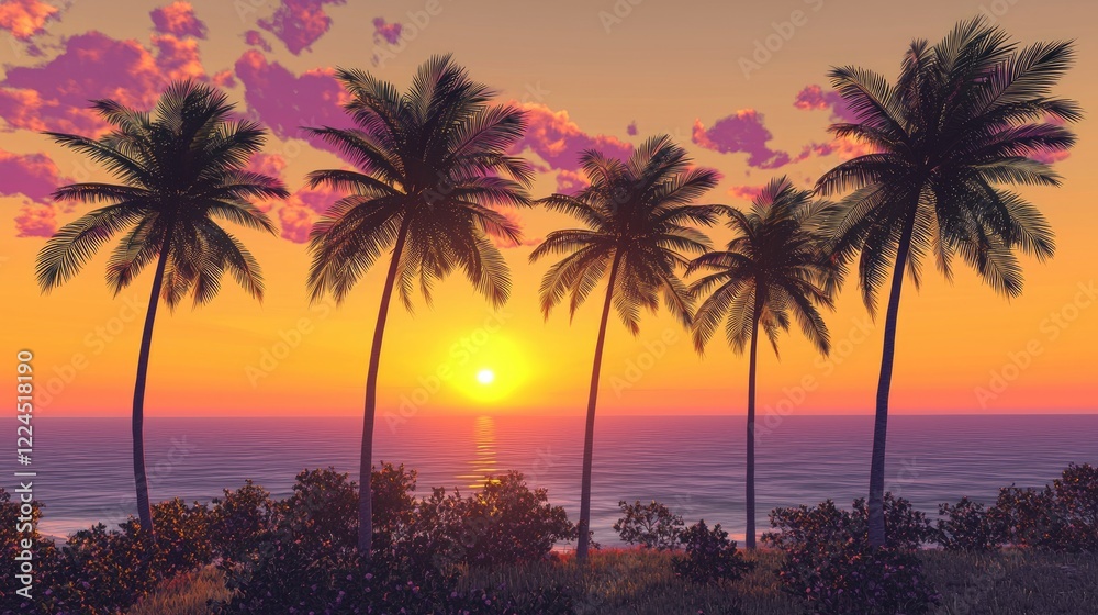 Tropical Sunset Scene with Palm Trees by the Ocean
