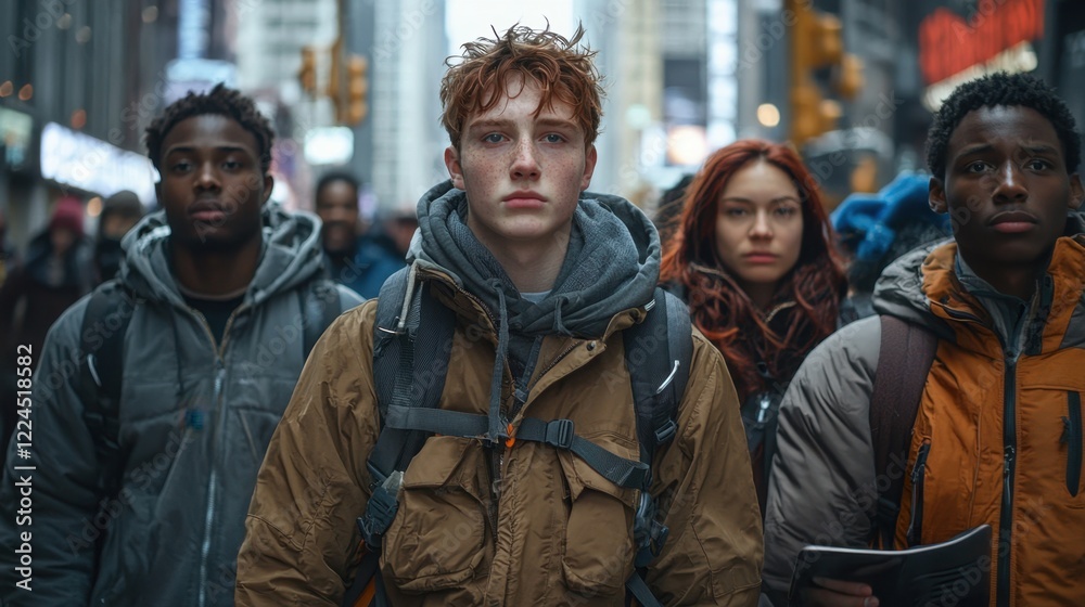 Diverse Group of Young Adults Walking in a Busy Urban Setting