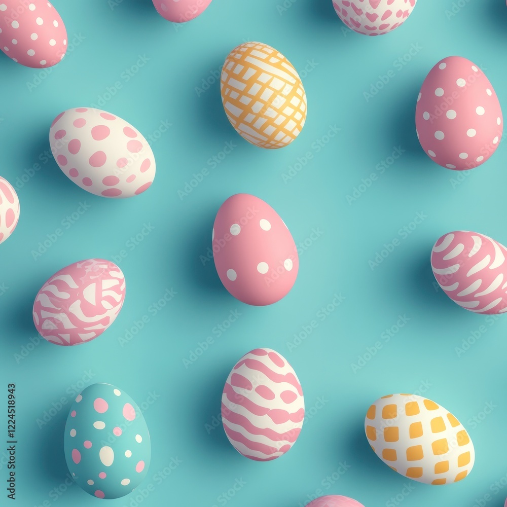 Fototapeta premium Pastel Easter eggs, flat lay, blue background, spring celebration