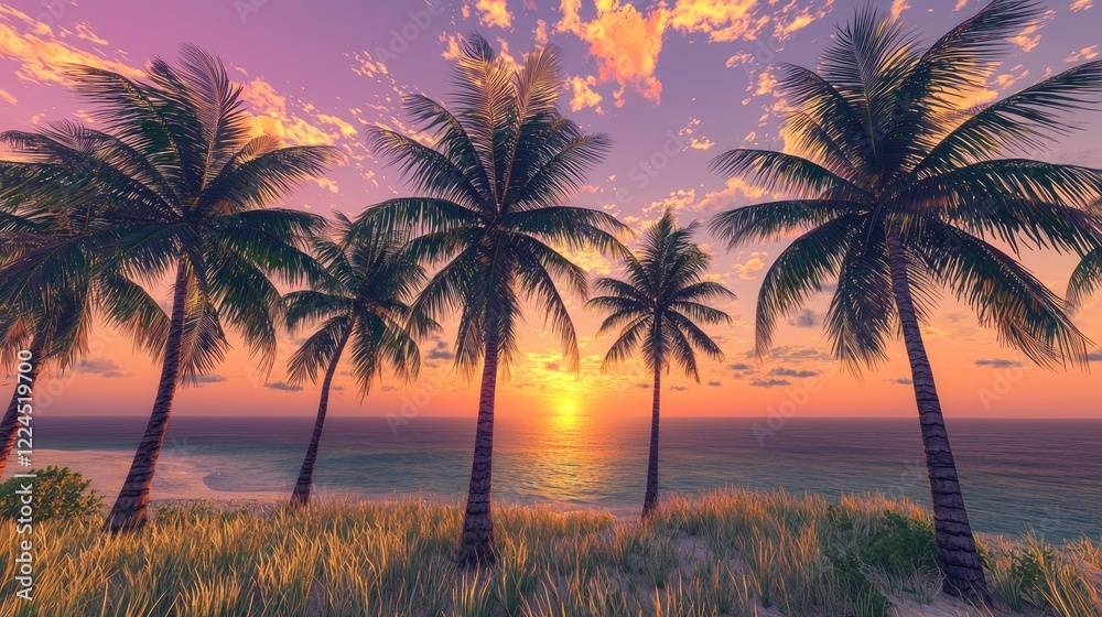 Obraz premium Tranquil Sunset Scene with Palm Trees on a Beach
