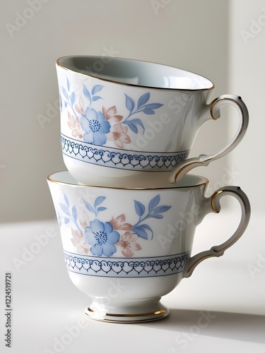 Two elegant porcelain teacups with blue and pink floral patterns and gold accents are stacked on a white surface, illuminated by soft light, highlighting their intricate design and delicate craftsmans