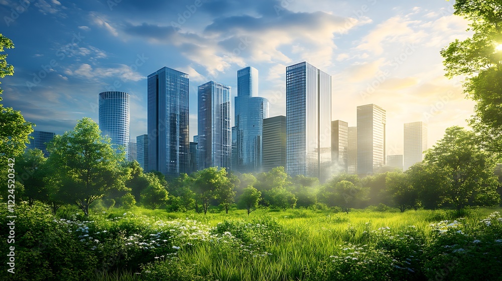 Obraz premium Urban Oasis: City Skyline and Lush Greenery at Sunrise