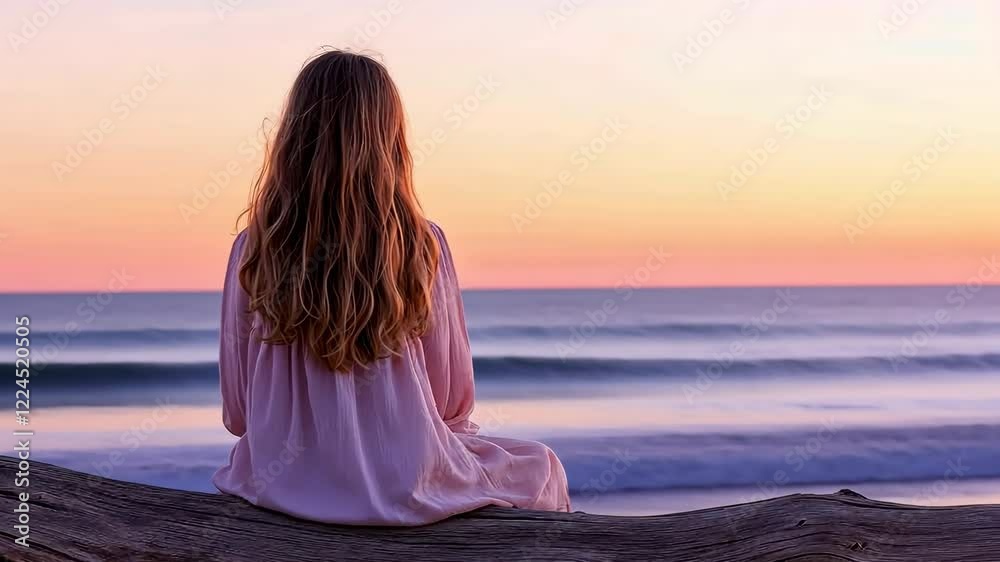 A woman sits on a log by the ocean, looking out at the water