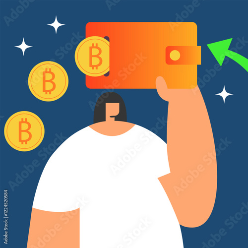 Cryptocurrency wallet and crypto coins with girl. Devices for storing electronic cryptocurrency banknotes. Savings blockchain Technology. Flat vector illustration.