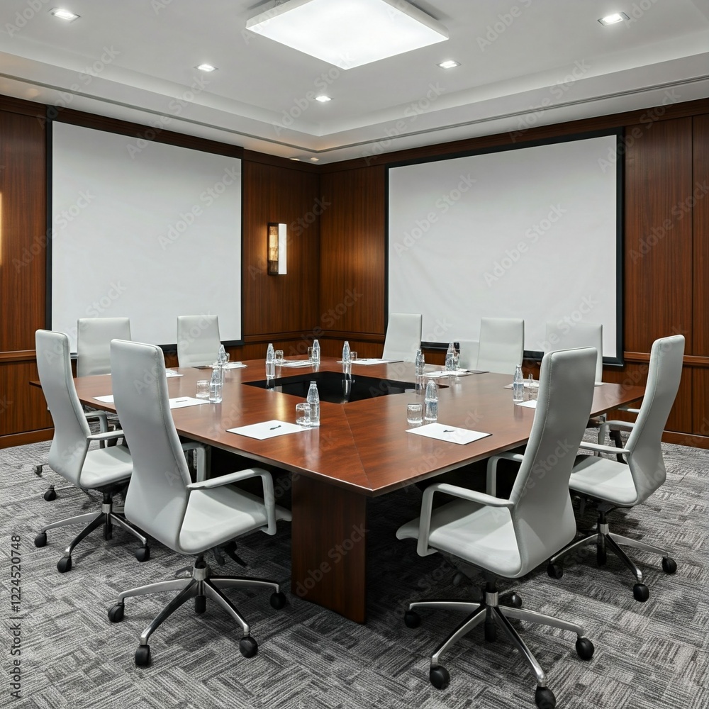 Fototapeta premium A professional conference room featuring a polished wooden table, a projector screen, and modern chairs. 