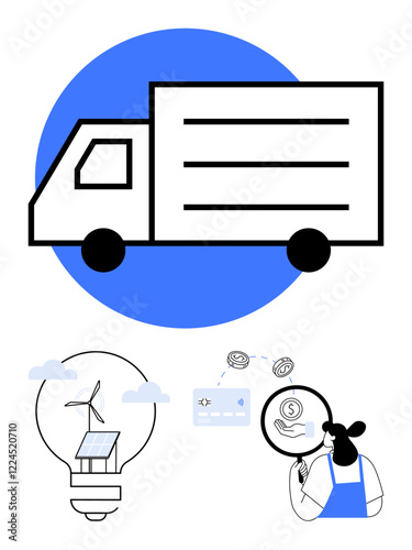 Logistics truck highlighting transport, wind turbine in light bulb symbolizing sustainable energy, person examining financial document. Ideal for logistics, sustainability, finance, innovation