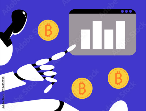 Cryptocurrency wallet and crypto coins with Ai robot. Devices for storing electronic cryptocurrency banknotes. Savings blockchain Technology. Flat vector illustration.