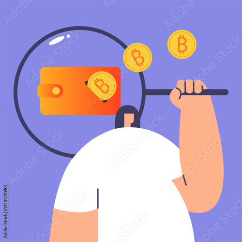 Cryptocurrency wallet and crypto coins searching. Devices for storing electronic cryptocurrency banknotes. Savings blockchain Technology. Flat vector illustration.