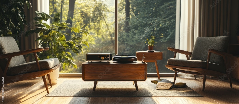 Fototapeta premium Vintage mid-century living room with record player, wooden furniture and plants near a large window