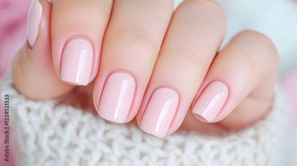 Elegant Light Pink Manicure on Knit Sweater Background Elegant Light Pink Manicure on Knit Sweater Background