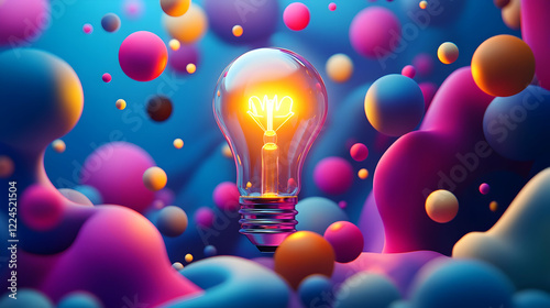 Glowing Light Bulb Floating Among Vibrant Abstract Spheres In A Colorful 3D Concept, Representing Innovation And Creativity. Generative AI