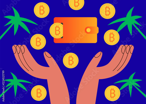 Cryptocurrency wallet and crypto coins on the islands. Devices for storing electronic cryptocurrency banknotes. Savings blockchain Technology. Flat vector illustration.