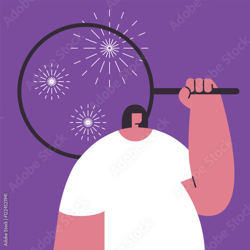 Сolorful exploding fireworks searching. Design for celebration card, poster, festival banner. Flat vector illustration.
