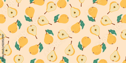 Seamless Pattern of Whole and Sliced Pears. Vector seamless digital pattern featuring whole and sliced pears with green leaves on light background, ideal for textiles, wallpapers and packaging