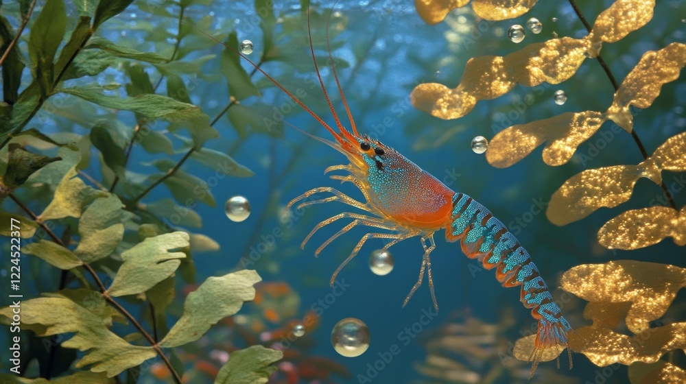 Colorful Shrimp Amidst Lush Aquatic Plants in Vibrant Underwater Scene Colorful Shrimp Amidst Lush Aquatic Plants in Vibrant Underwater Scene