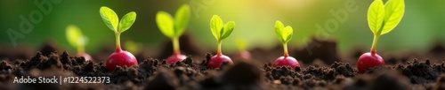 Soil with radish seeds germinating into green shoots, shoots, seeds photo