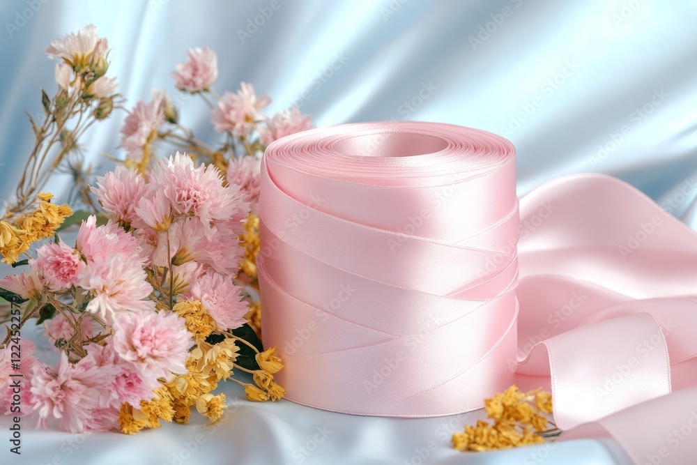 Elegant Pink Silk Ribbon with Blooming Chrysanthemums and Delicate Blossoms on Blue Satin Elegant Pink Silk Ribbon with Blooming Chrysanthemums and Delicate Blossoms on Blue Satin