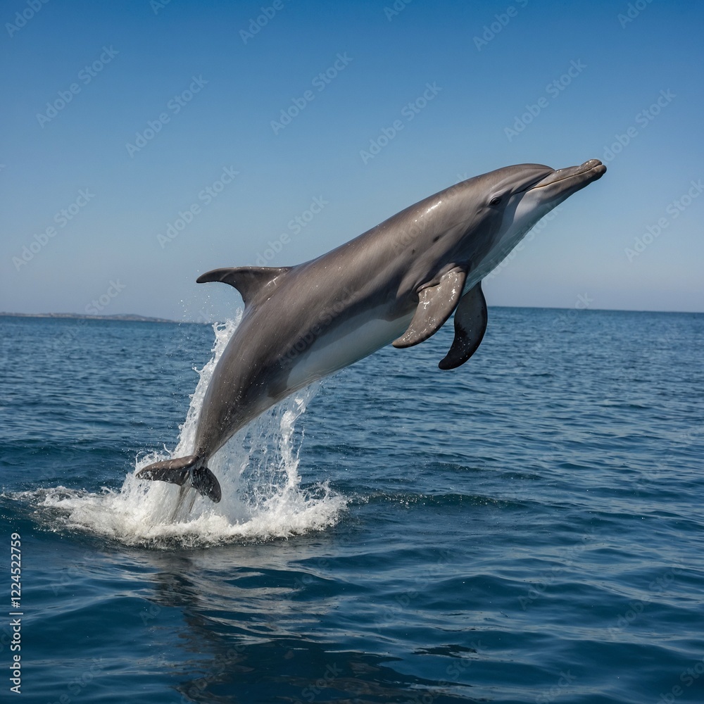 Obraz premium An adult Bottlenose Dolphin leaping gracefully out of the water against a clear blue sky. 