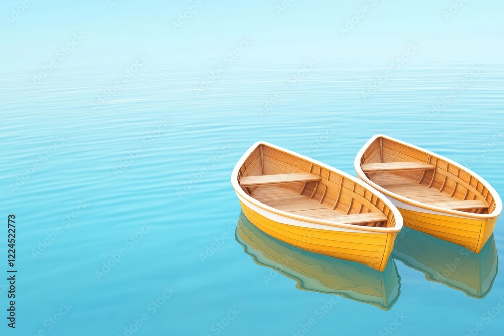 Serene Yellow Rowboats Floating on Tranquil Blue Water Surface Serene Yellow Rowboats Floating on Tranquil Blue Water Surface