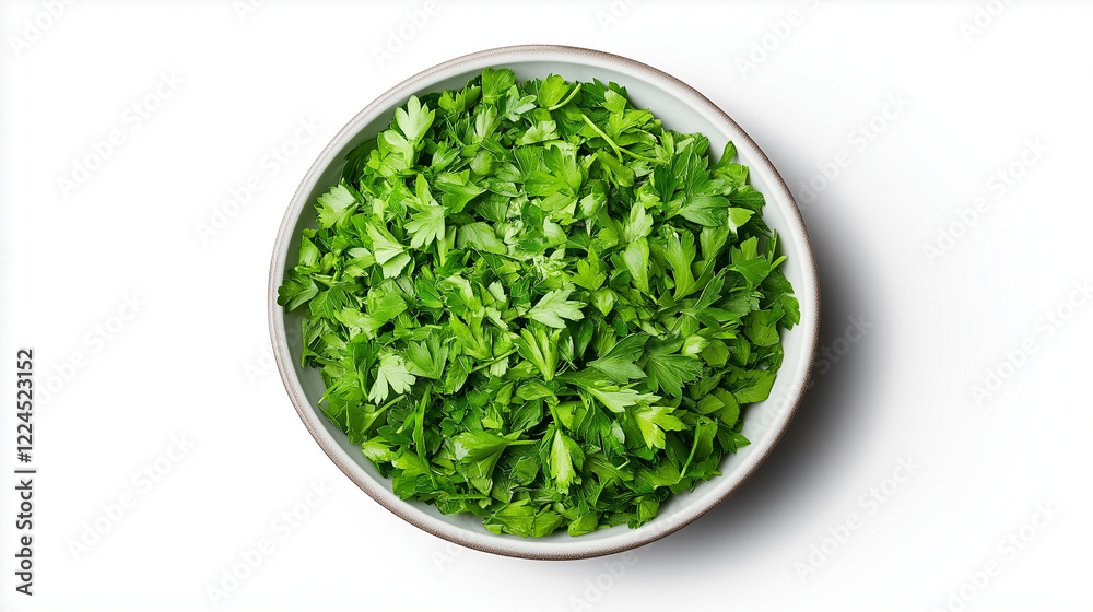 Freshly chopped parsley filling bowl, captured from above on clean white background. Bowl of finely chopped parsley filling the frame Freshly chopped parsley filling bowl, captured from above on clean white background. Bowl of finely chopped parsley filling the frame