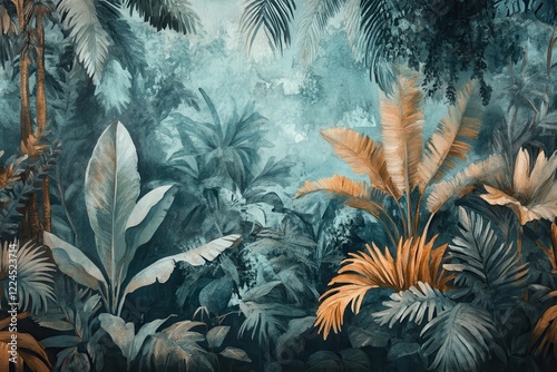 Fototapeta Naklejka Na Ścianę i Meble -  Lush jungle landscape watercolor wallpaper for interior decor enthusiasts and nature lovers