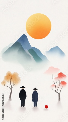 Couple in traditional attire enjoying a serene sunset in a mountainous landscape photo