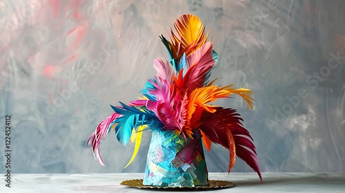 A whimsical party cap adorned with colorful feathers for extra fun.