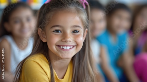 Happy Young Girl with Long Hair Smiling at Camera in Classroom Setting