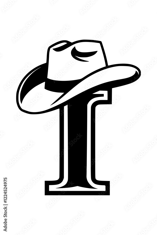Letter I with Cowboy Hat Western Style, Black and white illustration of the letter Letter I with Cowboy Hat Western Style, Black and white illustration of the letter