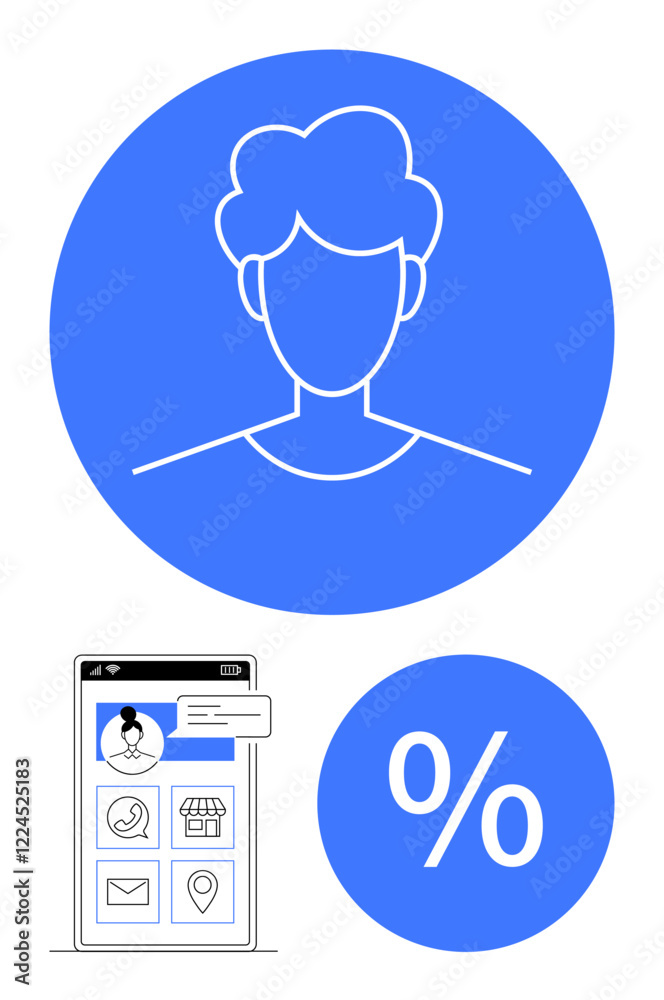 User profile avatar in blue circle, smartphone screen displaying app interface, and percentage sign. Ideal for mobile apps, user interfaces, e-commerce, social media, marketing, customer engagement User profile avatar in blue circle, smartphone screen displaying app interface, and percentage sign. Ideal for mobile apps, user interfaces, e-commerce, social media, marketing, customer engagement