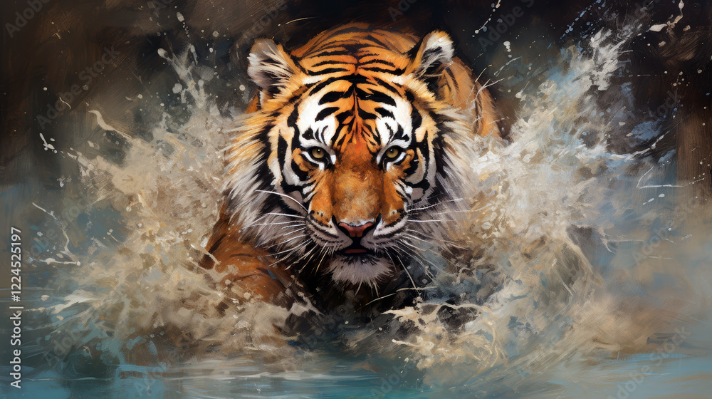 Naklejka premium Dynamic image of a tiger leaping from water, creating dramatic splashes and showcasing its powerful motion