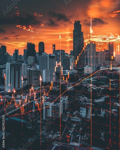 Financial crisis and market downturn graph overlaying city skyline with sunset background photo