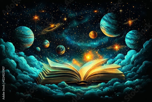 An open book in space surrounded by planets, stars, and cosmic clouds, inspiring imagination. photo