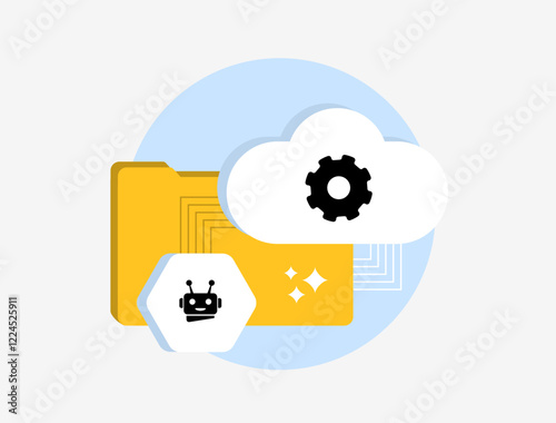 AI cloud training with artificial intelligence and machine learning in cloud infrastructure. Represents data processing, neural networks, deep learning, automation and cloud-based AI model training