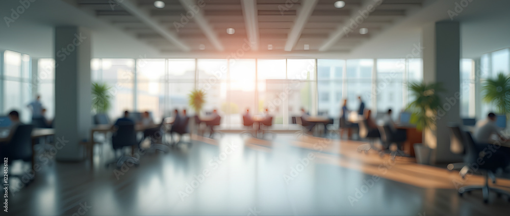 Blurred empty open space office. Abstract light bokeh at office interior background for design Blurred empty open space office. Abstract light bokeh at office interior background for design